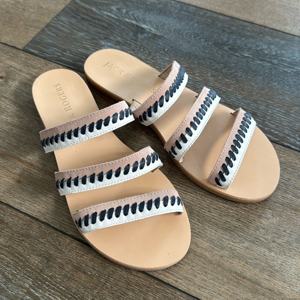 Jack Rogers Amelia Sandals White Tan Navy Peach Pink Women’s 8M Three Strap Flat